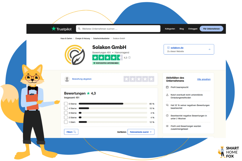 Die Bewertungen der Solakon GmbH bei Trustpilot sind zu sehen, mit 4,3 von 5 Sternen bei über 490 Bewertungen hervorragend.